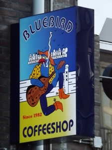 Big sign for Bluebird Coffeeshop near Nieumarkt in Amsterdam