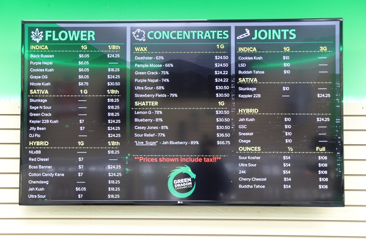 The cannabis menu at Green Dragon Denver Dispensary