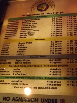 Marijuana Menu at Bulldog in Amsterdam