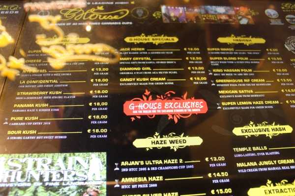 Weed Menu at Green House Coffeeshop AMS