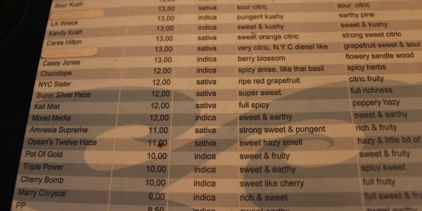 Weed menu at Damprking Original Amsterdam Coffeeshop