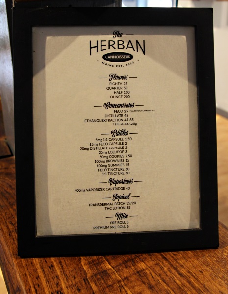 Cannabis menu at Herban Cannoisseur Maine marijuana dispensary